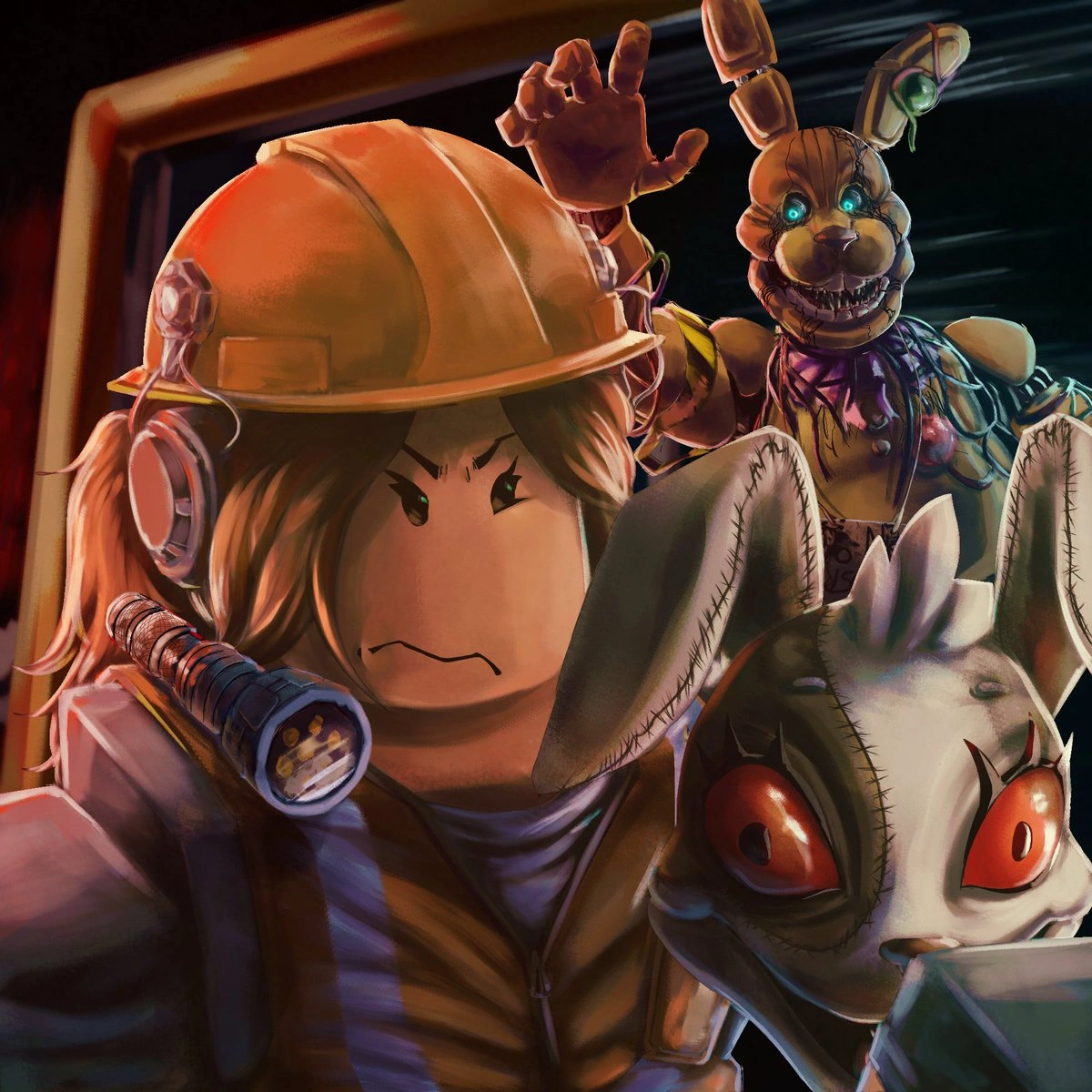 A Survivor flanked by two animatronics