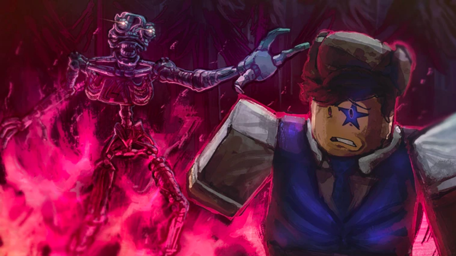 A Survivor cornered by a skeletal endoskeleton in flame-lit shadows