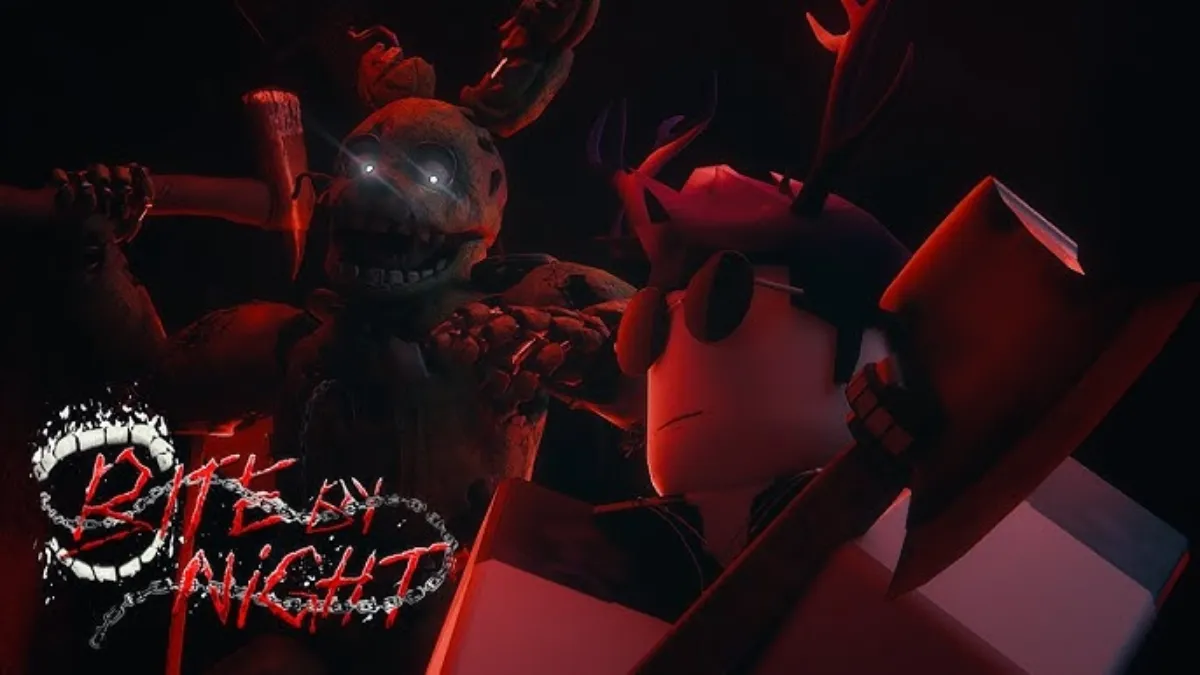 Bite By Night key art featuring a Roblox survivor and a rotted animatronic looming behind them